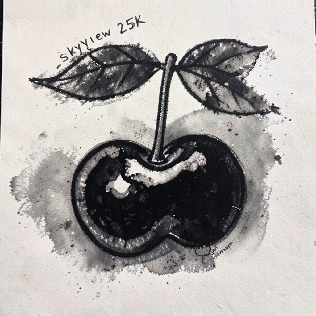 Sketchy charcoal still life of a tall vape in deep red and dark gray, drawn on warm neutral paper.