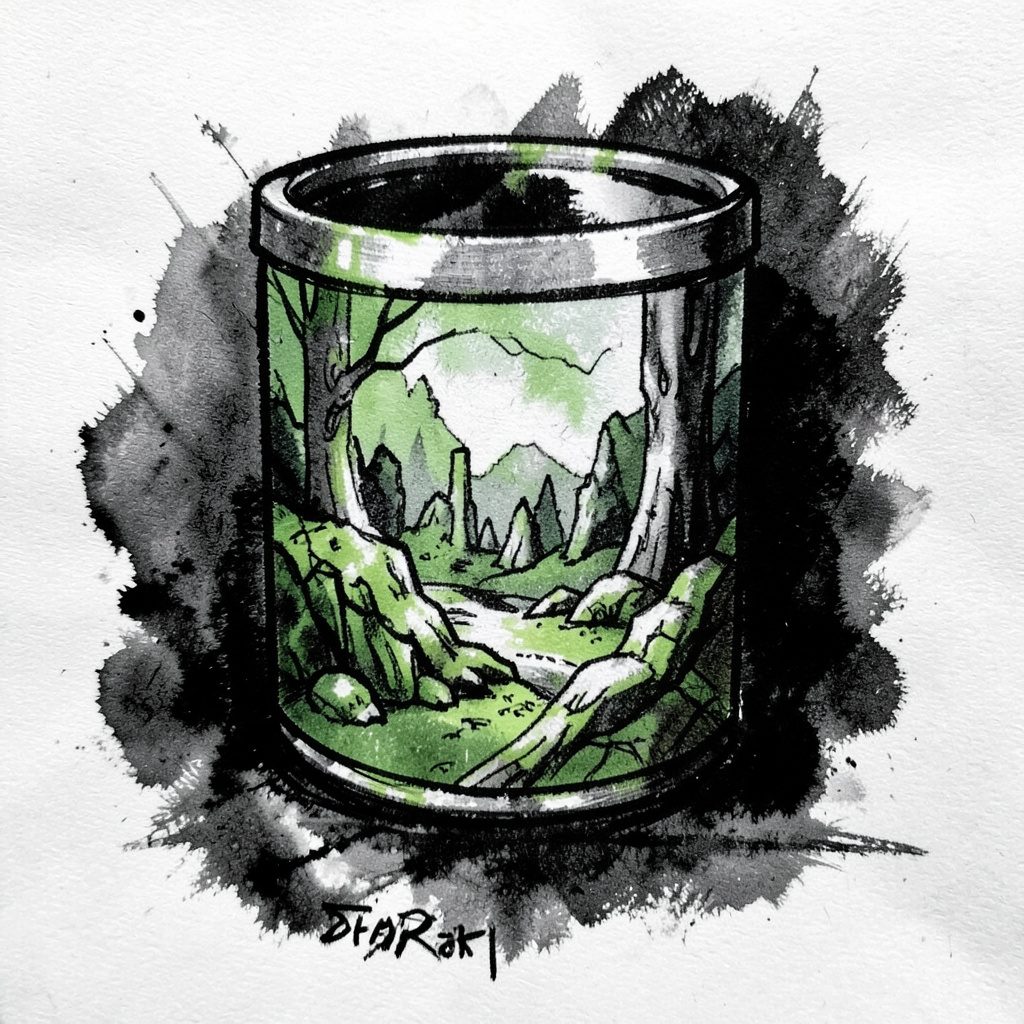 Pencil-and-ink rendering of a wide vape in muted green and black, dramatic light contrast on gray paper.