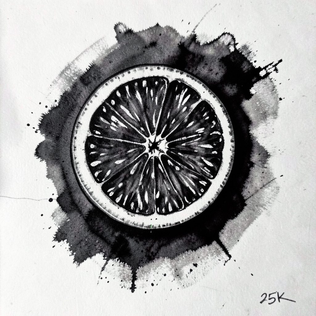 Atmospheric charcoal illustration of a small vape in grapefruit coral and graphite, with subtle yellow highlights.